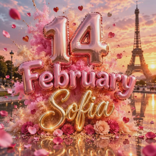 3D date video: 14 February Sofia, pink and rose gold balloons in Paris